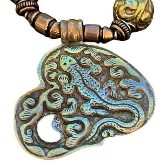 Antique Victorian Turkish Bronze Work w Turquoise Stone Beaded Mermaid Necklace - Picture 7 of 11